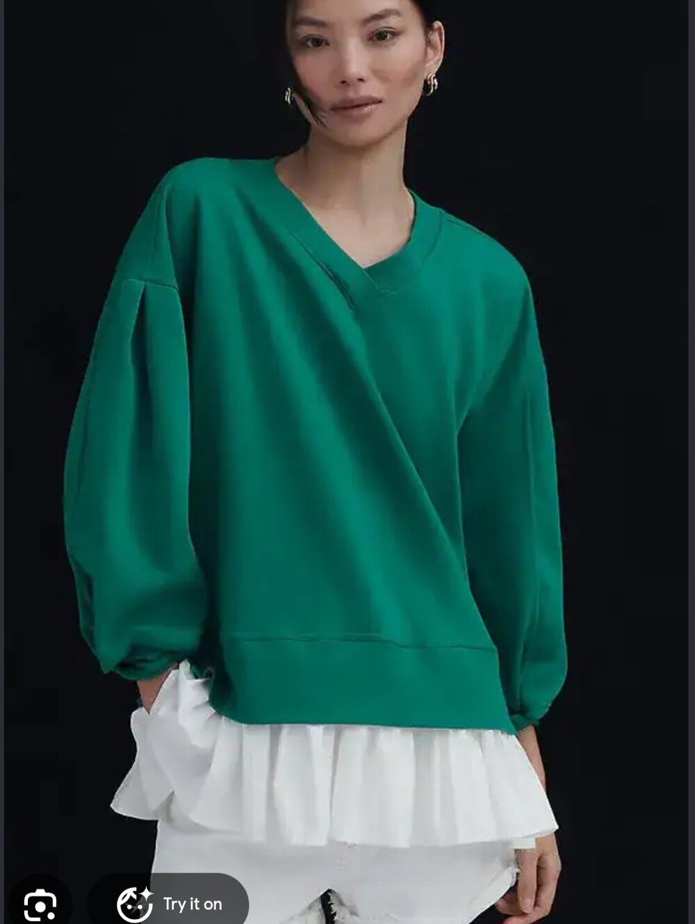 Maeve Long-Sleeve V-Neck Twofer Knit Pullover Green Size S NWT